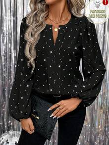 EMERY ROSE Casual Minimalist Women Shiny Sequin Star Print Shirt