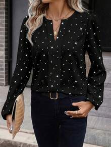 EMERY ROSE Casual Minimalist Women Shiny Sequin Star Print Shirt