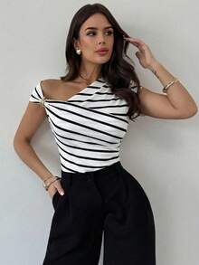 Firerie Women's Black And White Checkered Asymmetric Shoulder Wrap Ruched Waist Tight Fit T-Shirt With Metal Decor,Elegent Summmer Brunch Daily Commute Tops