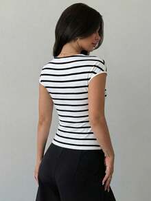 Firerie Women's Black And White Checkered Asymmetric Shoulder Wrap Ruched Waist Tight Fit T-Shirt With Metal Decor,Elegent Summmer Brunch Daily Commute Tops