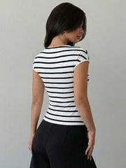Firerie Women's Black And White Checkered Asymmetric Shoulder Wrap Ruched Waist Tight Fit T-Shirt With Metal Decor,Elegent Summmer Brunch Daily Commute Tops