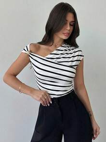 Firerie Women's Black And White Checkered Asymmetric Shoulder Wrap Ruched Waist Tight Fit T-Shirt With Metal Decor,Elegent Summmer Brunch Daily Commute Tops