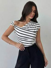 Firerie Women's Black And White Checkered Asymmetric Shoulder Wrap Ruched Waist Tight Fit T-Shirt With Metal Decor,Elegent Summmer Brunch Daily Commute Tops