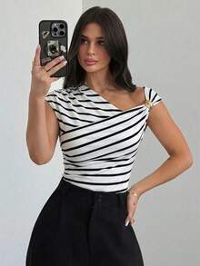 Firerie Women's Black And White Checkered Asymmetric Shoulder Wrap Ruched Waist Tight Fit T-Shirt With Metal Decor,Elegent Summmer Brunch Daily Commute Tops
