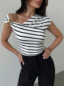 Firerie Women's Black And White Checkered Asymmetric Shoulder Wrap Ruched Waist Tight Fit T-Shirt With Metal Decor,Elegent Summmer Brunch Daily Commute Tops