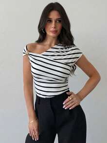 Firerie Women's Black And White Checkered Asymmetric Shoulder Wrap Ruched Waist Tight Fit T-Shirt With Metal Decor,Elegent Summmer Brunch Daily Commute Tops