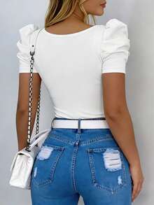 EMERY ROSE Women's Elegant Sexy Solid Color Puff Sleeve T-Shirt, Summer