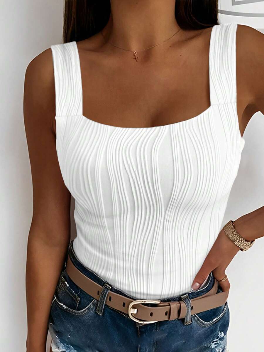 ChicMe Women's Square Neck Textured Sleeveless Tank Top, Slim Fit Casual Daily Versatile All-Match Shirt White Summer