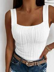 ChicMe Women's Square Neck Textured Sleeveless Tank Top, Slim Fit Casual Daily Versatile All-Match Shirt White Summer