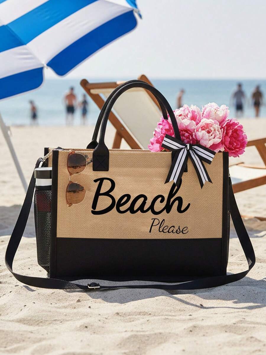 Crno-bež "Beach Please" set od 4 komada sa plažnom torbom