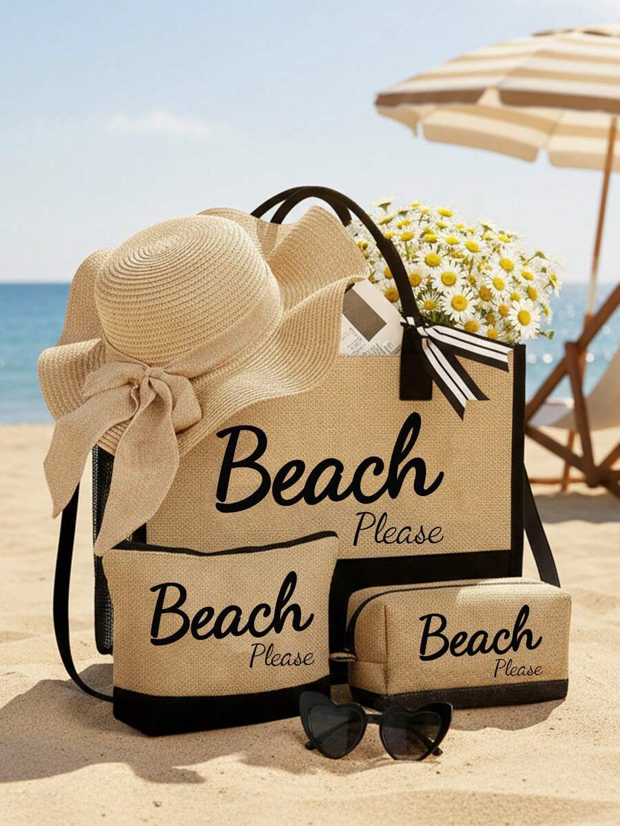 Crno-bež "Beach Please" set od 4 komada sa plažnom torbom