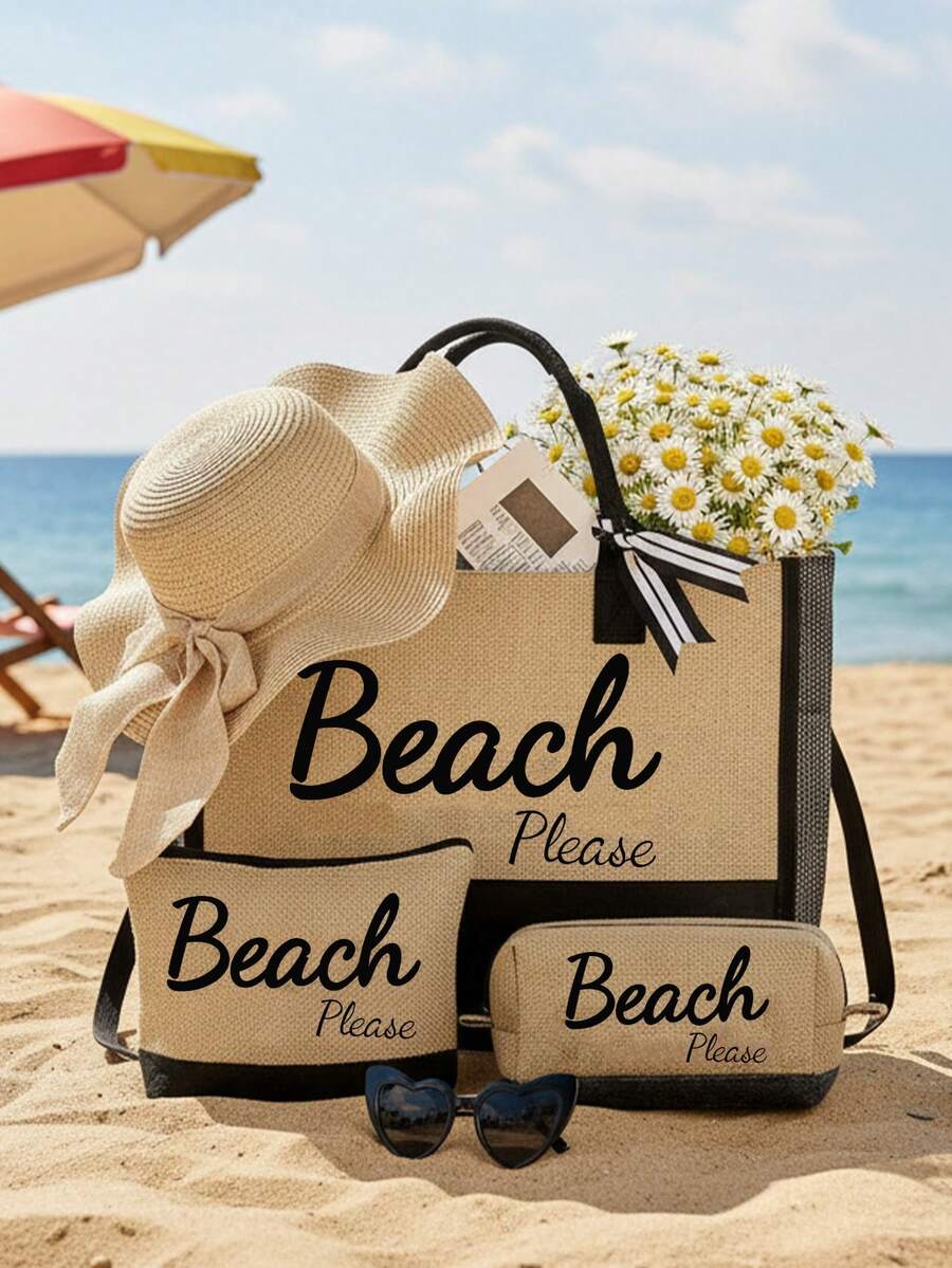 Crno-bež "Beach Please" set od 4 komada sa plažnom torbom