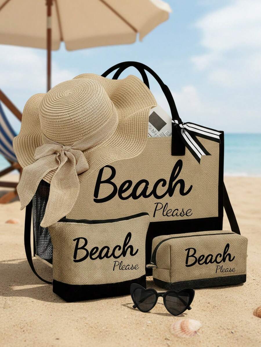 Crno-bež "Beach Please" set od 4 komada sa plažnom torbom