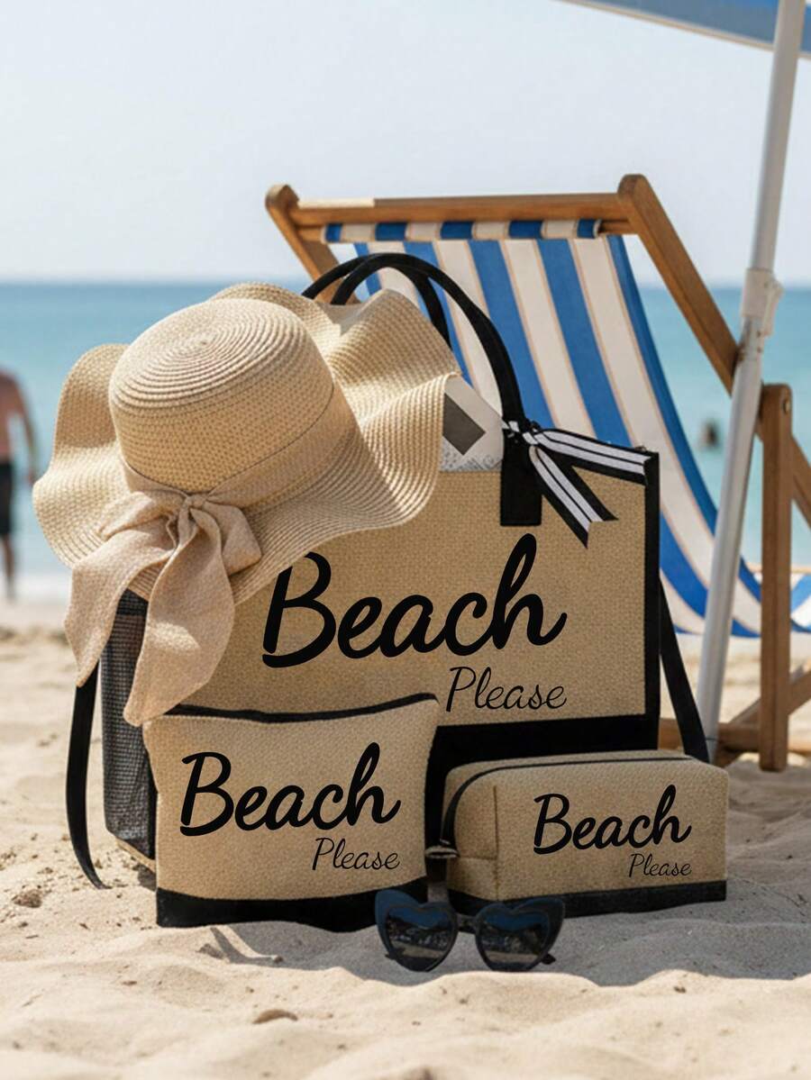 Crno-bež "Beach Please" set od 4 komada sa plažnom torbom