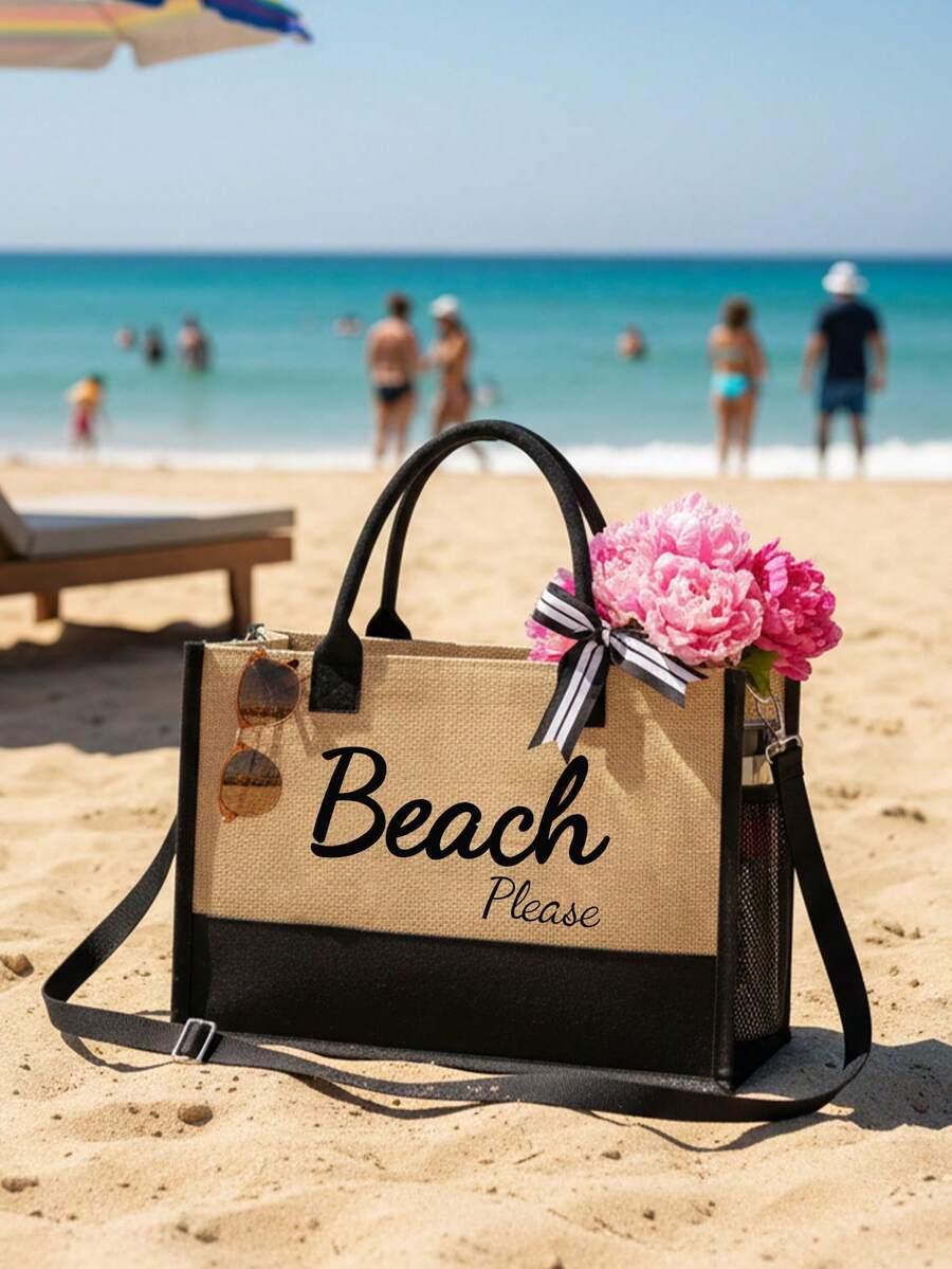 Crno-bež "Beach Please" set od 4 komada sa plažnom torbom