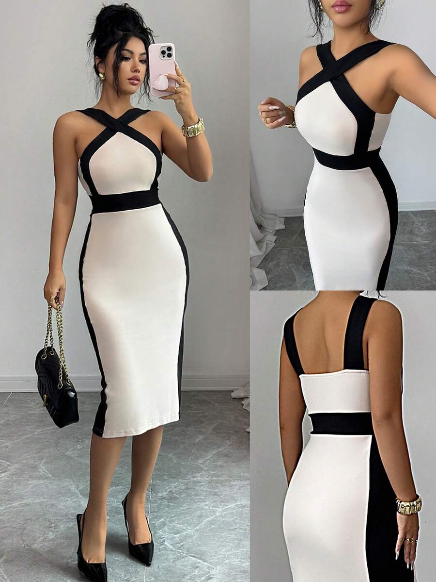 Ženska Midi Haljina sa Krstastim Urezom i Blokovima Boja
