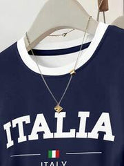 Resyla Women's Waist Cinched Short Sleeve Fitted Ruched Waist Top Italy Letter Print Graphic Short Sleeve Stripe T-Shirt Tee