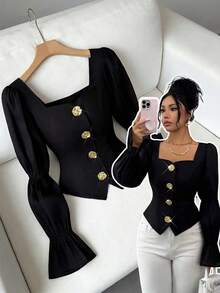 Elenzga Black Gold,Autumn,Elegant,Party Night Square Neck Puff Flare Sleeve Cropped Blouse,Metal Button Decor Chiffon Waist Cinched Casual Shirt For Commute