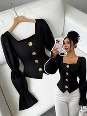 Elenzga Black Gold,Autumn,Elegant,Party Night Square Neck Puff Flare Sleeve Cropped Blouse,Metal Button Decor Chiffon Waist Cinched Casual Shirt For Commute