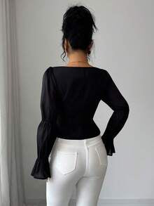 Elenzga Black Gold,Autumn,Elegant,Party Night Square Neck Puff Flare Sleeve Cropped Blouse,Metal Button Decor Chiffon Waist Cinched Casual Shirt For Commute