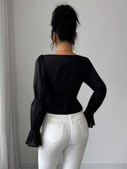 Elenzga Black Gold,Autumn,Elegant,Party Night Square Neck Puff Flare Sleeve Cropped Blouse,Metal Button Decor Chiffon Waist Cinched Casual Shirt For Commute