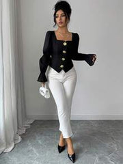 Elenzga Black Gold,Autumn,Elegant,Party Night Square Neck Puff Flare Sleeve Cropped Blouse,Metal Button Decor Chiffon Waist Cinched Casual Shirt For Commute