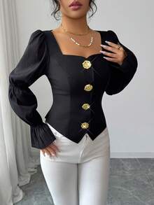 Elenzga Black Gold,Autumn,Elegant,Party Night Square Neck Puff Flare Sleeve Cropped Blouse,Metal Button Decor Chiffon Waist Cinched Casual Shirt For Commute