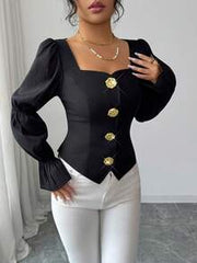 Elenzga Black Gold,Autumn,Elegant,Party Night Square Neck Puff Flare Sleeve Cropped Blouse,Metal Button Decor Chiffon Waist Cinched Casual Shirt For Commute