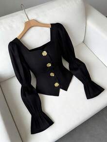 Elenzga Black Gold,Autumn,Elegant,Party Night Square Neck Puff Flare Sleeve Cropped Blouse,Metal Button Decor Chiffon Waist Cinched Casual Shirt For Commute