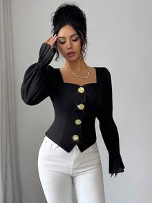 Elenzga Black Gold,Autumn,Elegant,Party Night Square Neck Puff Flare Sleeve Cropped Blouse,Metal Button Decor Chiffon Waist Cinched Casual Shirt For Commute