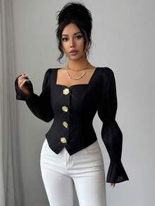 Elenzga Black Gold,Autumn,Elegant,Party Night Square Neck Puff Flare Sleeve Cropped Blouse,Metal Button Decor Chiffon Waist Cinched Casual Shirt For Commute