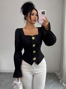 Elenzga Black Gold,Autumn,Elegant,Party Night Square Neck Puff Flare Sleeve Cropped Blouse,Metal Button Decor Chiffon Waist Cinched Casual Shirt For Commute