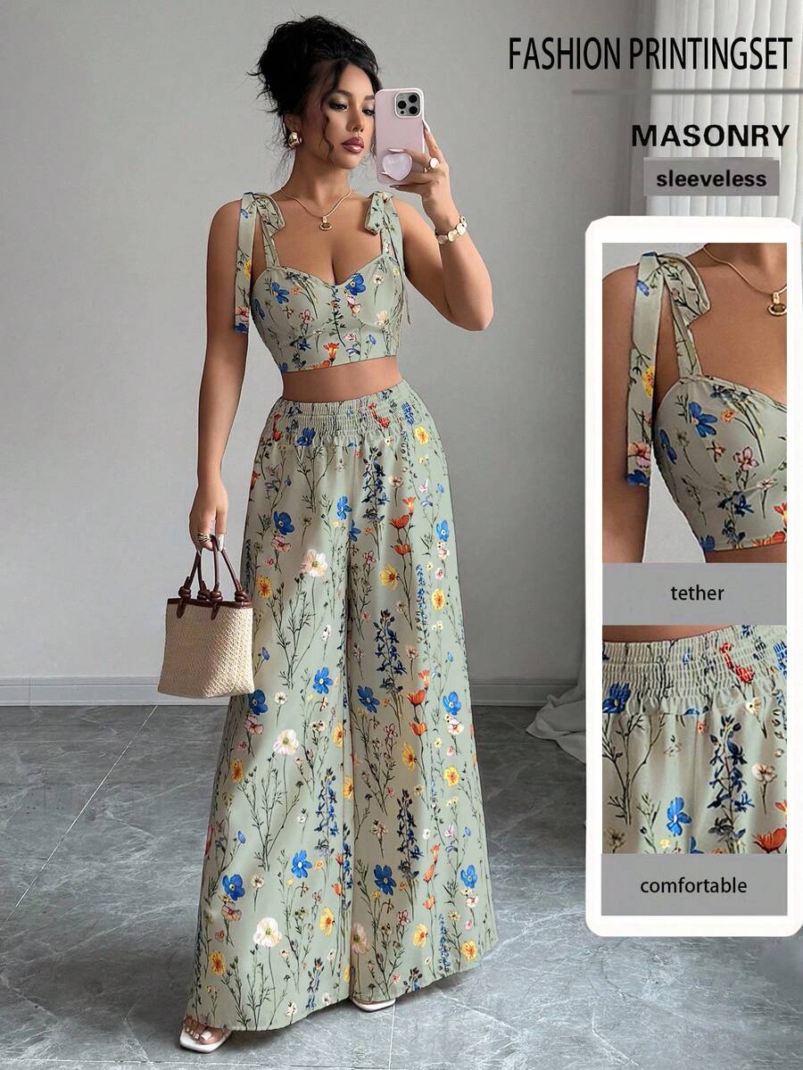 Komplet top bez leđa  + široke pantalone sa vezicom u struku