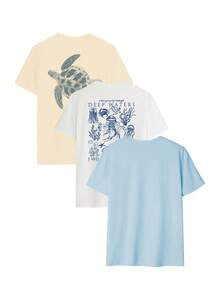 3pcs/Set Women's New Casual Colorful Letter, Seascape, Turtle, Crab, Shell, Jellyfish Graphic Print Round Neck Short Sleeve T-Shirt, Versatile For Women's Spring/Summer Vacation & Leisure Wear