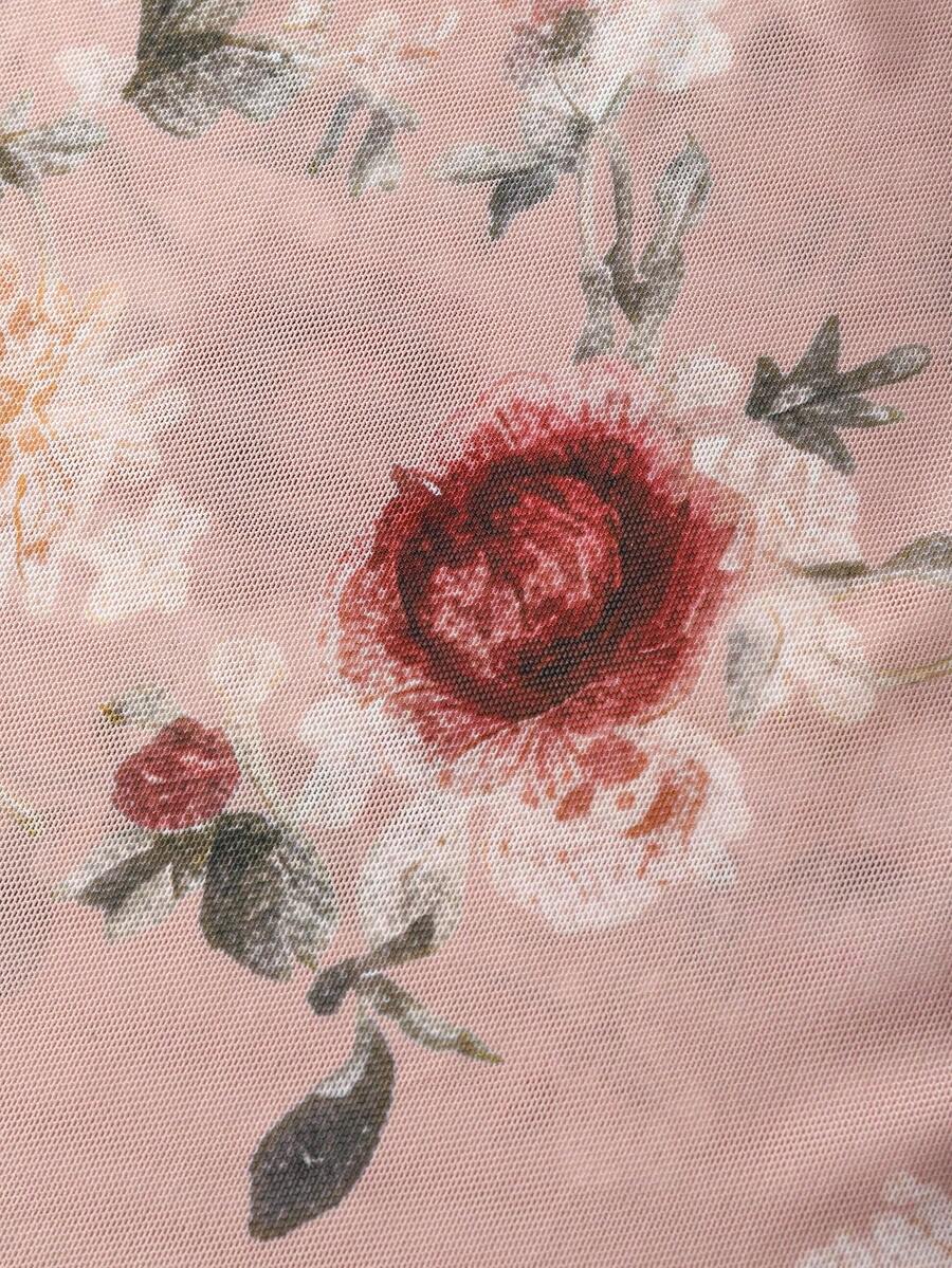Meka suknja od tila u A-kroju, duga, sa vintage printom ruža i leptira