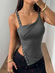StreetHx Women's Solid Color Metal Grommet Asymmetric Neckline Casual Camisole