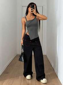 StreetHx Women's Solid Color Metal Grommet Asymmetric Neckline Casual Camisole