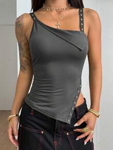 StreetHx Women's Solid Color Metal Grommet Asymmetric Neckline Casual Camisole