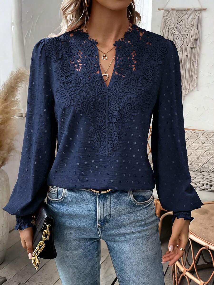 SHEIN Women's Elegant Lace Splice V-Neck Lantern Sleeve Blouse, Solid Color, Autumn Fall Cloth For Women