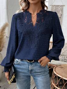 SHEIN Women's Elegant Lace Splice V-Neck Lantern Sleeve Blouse, Solid Color, Autumn Fall Cloth For Women