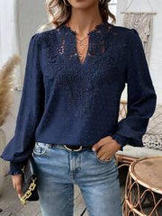 SHEIN Women's Elegant Lace Splice V-Neck Lantern Sleeve Blouse, Solid Color, Autumn Fall Cloth For Women