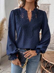 SHEIN Women's Elegant Lace Splice V-Neck Lantern Sleeve Blouse, Solid Color, Autumn Fall Cloth For Women