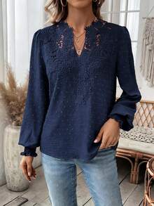 SHEIN Women's Elegant Lace Splice V-Neck Lantern Sleeve Blouse, Solid Color, Autumn Fall Cloth For Women