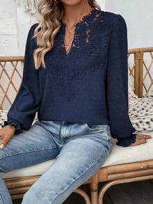 SHEIN Women's Elegant Lace Splice V-Neck Lantern Sleeve Blouse, Solid Color, Autumn Fall Cloth For Women