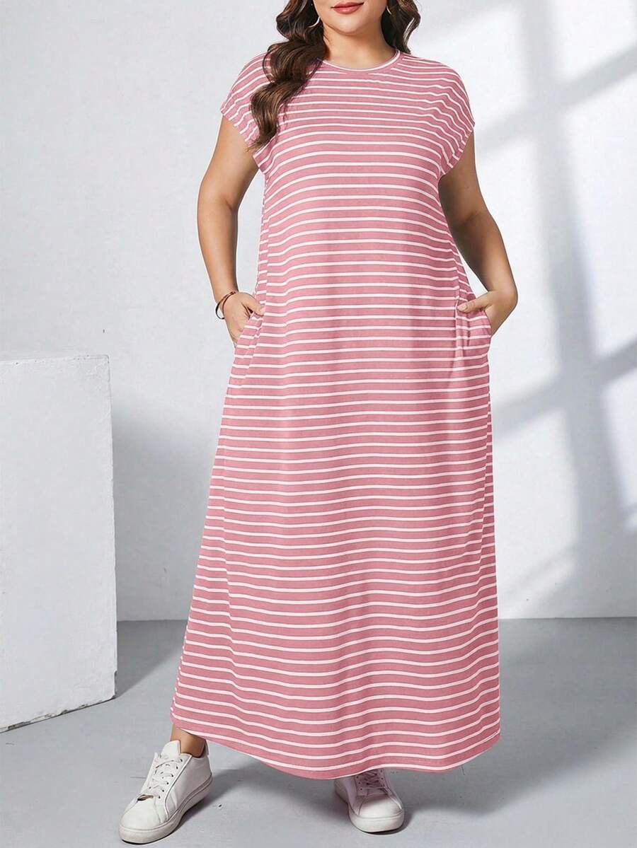 Ženska ležerna haljina plus size, jednobojna, sa okruglim izrezom, kratkim rukavima i džepom