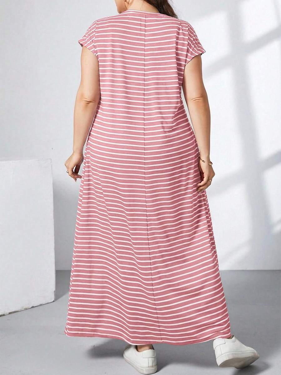 Ženska ležerna haljina plus size, jednobojna, sa okruglim izrezom, kratkim rukavima i džepom