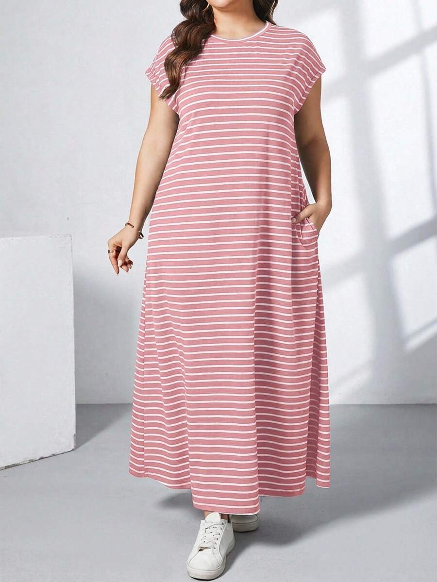 Ženska ležerna haljina plus size, jednobojna, sa okruglim izrezom, kratkim rukavima i džepom