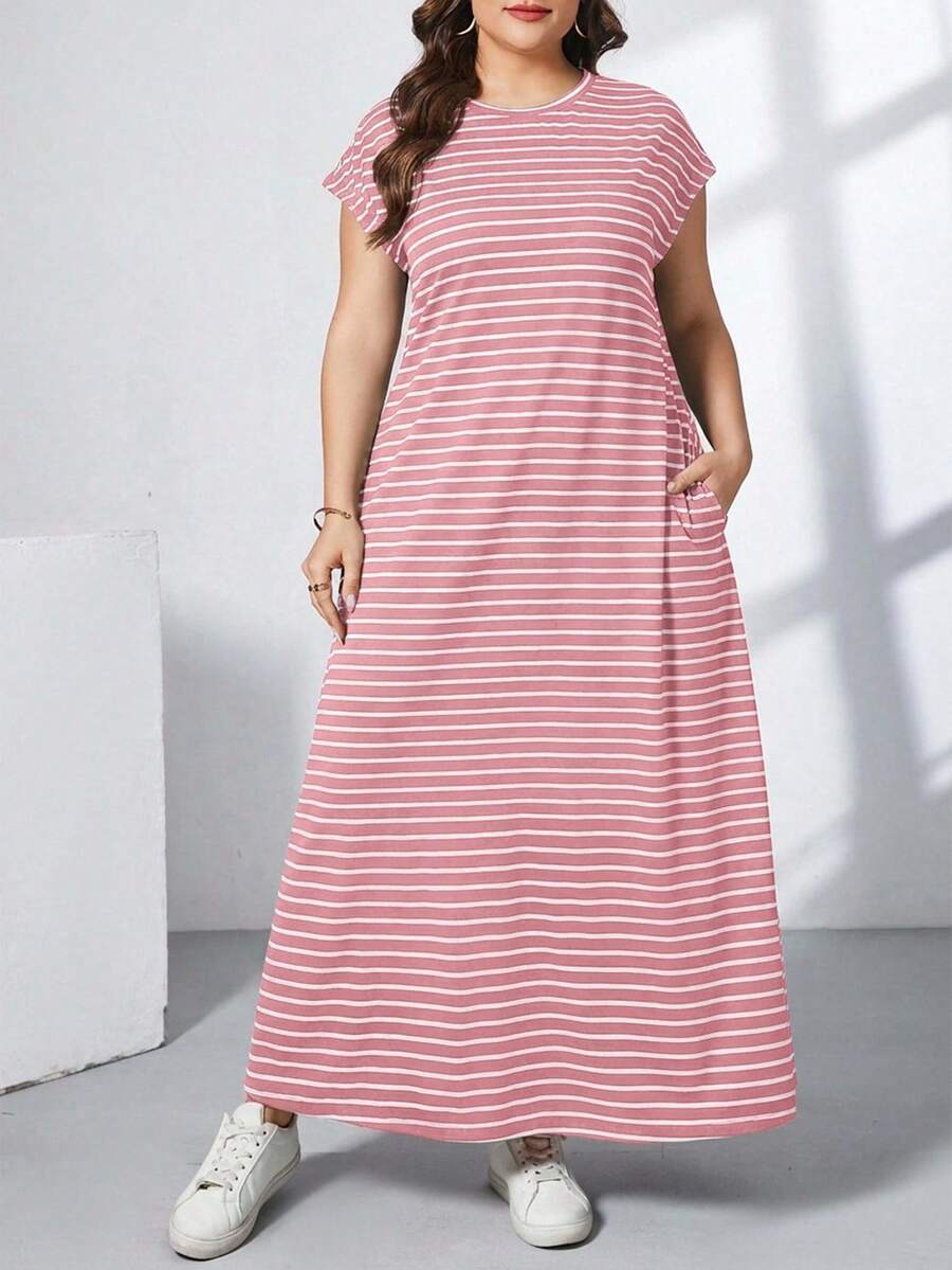 Ženska ležerna haljina plus size, jednobojna, sa okruglim izrezom, kratkim rukavima i džepom