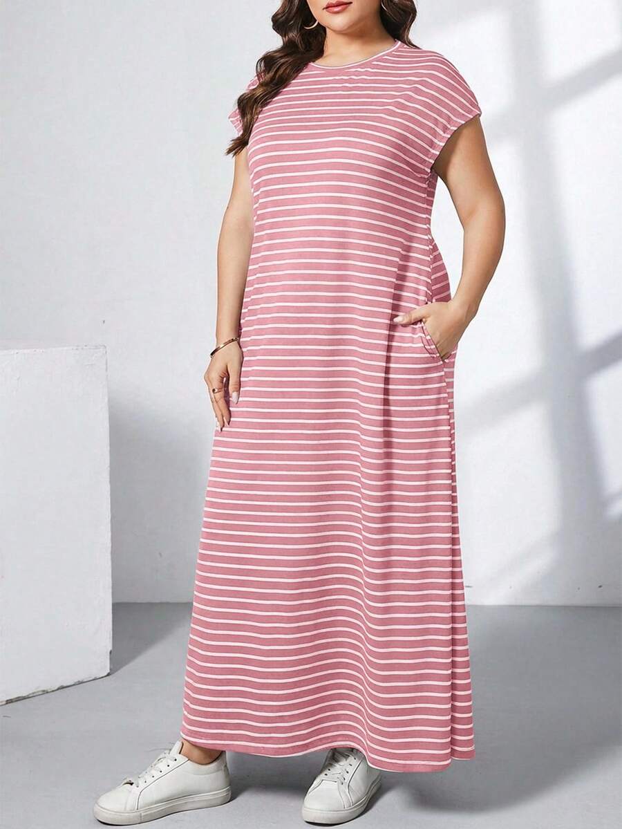 Ženska ležerna haljina plus size, jednobojna, sa okruglim izrezom, kratkim rukavima i džepom