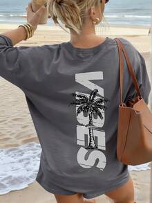 Women's Minimalist Coconut Tree Slogan Print Casual Round Neck Short Sleeve T-Shirt